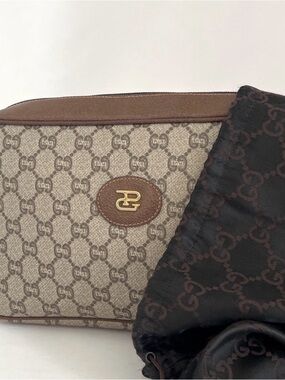 GUCCI Vintage GG Plus Supreme Clutch Bag Cosmetic Vanity Bag Leather PVC